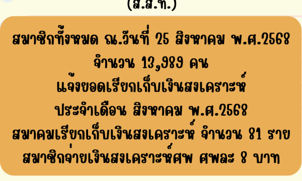 ยอดเรียกเก็บเงินสงเคราะห์ประจำเดือน สิงหาคม 2568