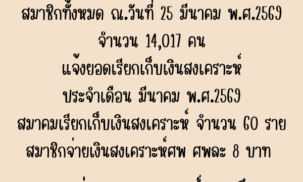 ยอดเรียกเก็บเงินสงเคราะห์ประจำเดือน มีนาคม 2569