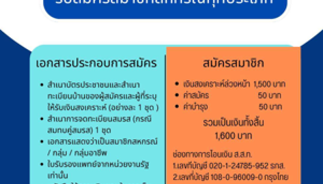 สมาคมฌาปนกิจสงเคราะห์สมาชิกเครดิตยูเนี่ยนไทย (ส.ส.ท.) รับสมัครสมาชิกสหกรณ์ทุกประเภท